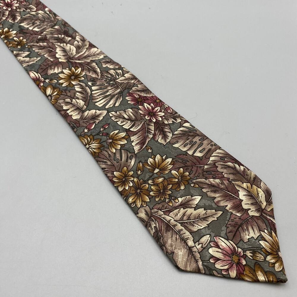 Oscar De La Renta Tie Muted Tropical Floral Pattern Necktie Grey Purple Jacquard